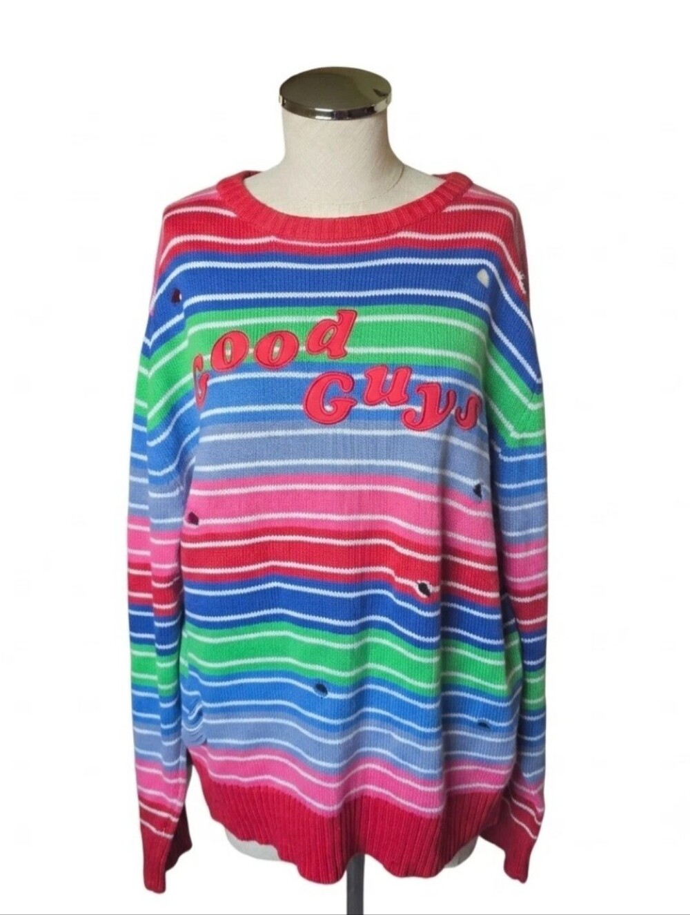 Chucky Horror Distressed Stitched Good Guys Striped Sweater XL Universal Studios